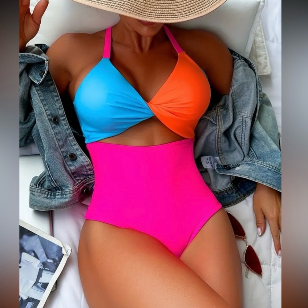 New Neon Cut out Middle Twist One-piece Cut Out Tie Back Bathing Suit